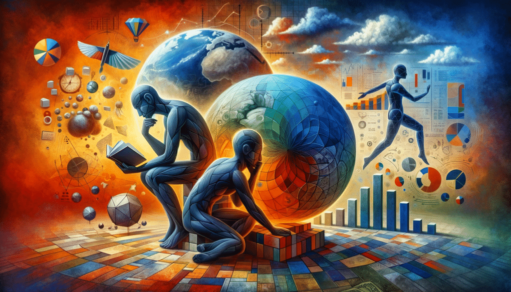 DALL·E 2023-12-28 16.49.24 - Una imagen artística y conceptual que represente la interacción entre Filosofía, Política y Economía. Muestra tres figuras humanas abstractas_ una par